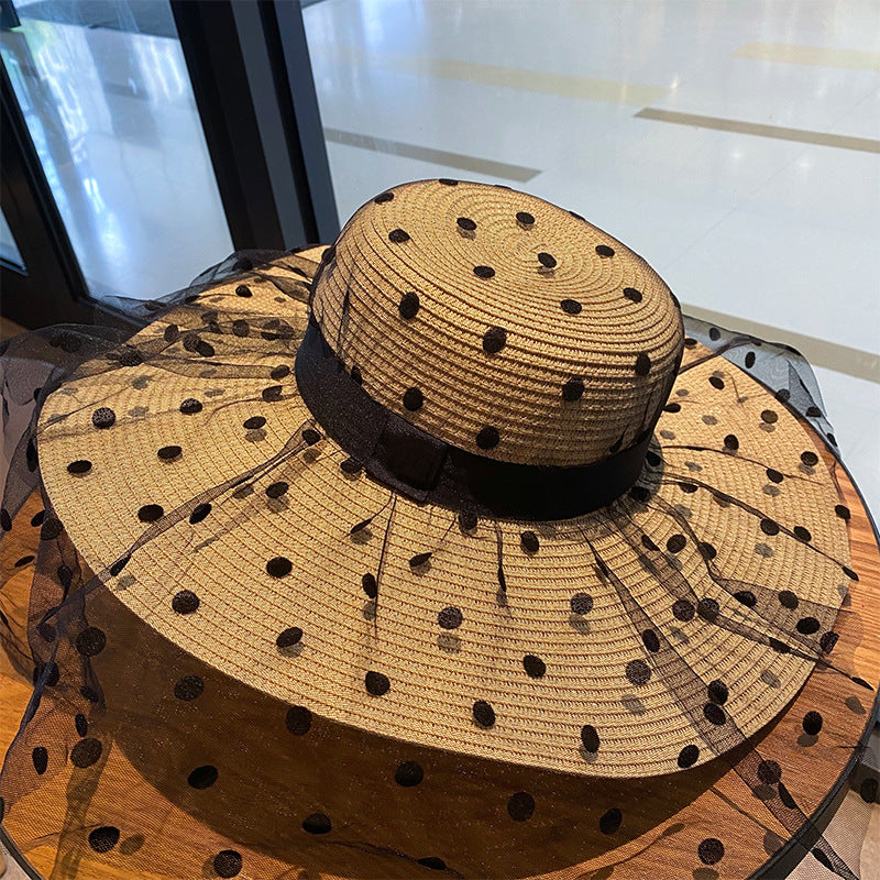 Polka Dot Mesh Large Oversized Straw Hat