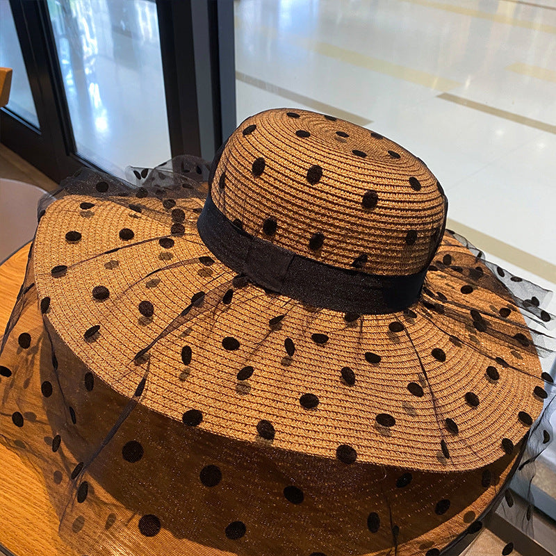 Polka Dot Mesh Large Oversized Straw Hat