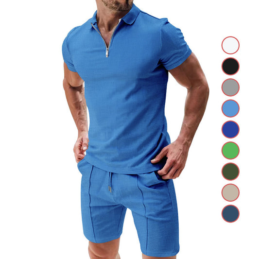 2Pcs Casual Waffle Suit Summer Zipper Lapel Short-sleeved Top And Drawstring Pockets Shorts Versatile Solid Color T-shirt Set For Mens Clothing - Jessie's D Man