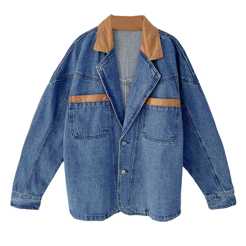 Loose PU Leather Stitching Denim Jacket