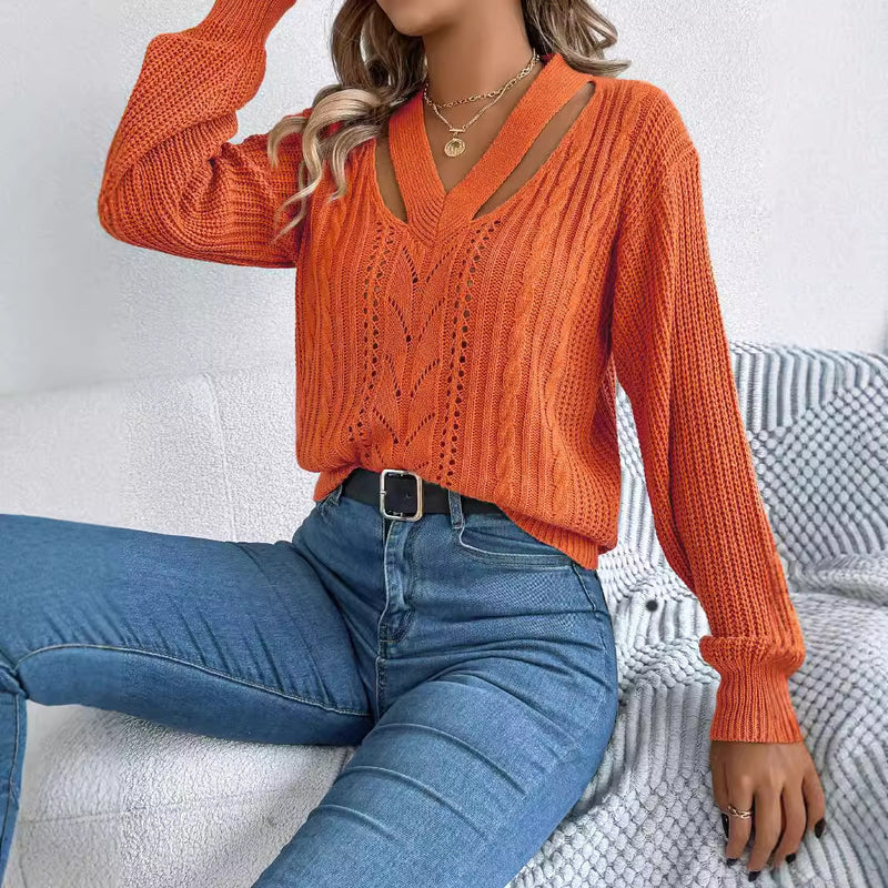 V-neck Twist Lantern Sleeve Pullover Sweater